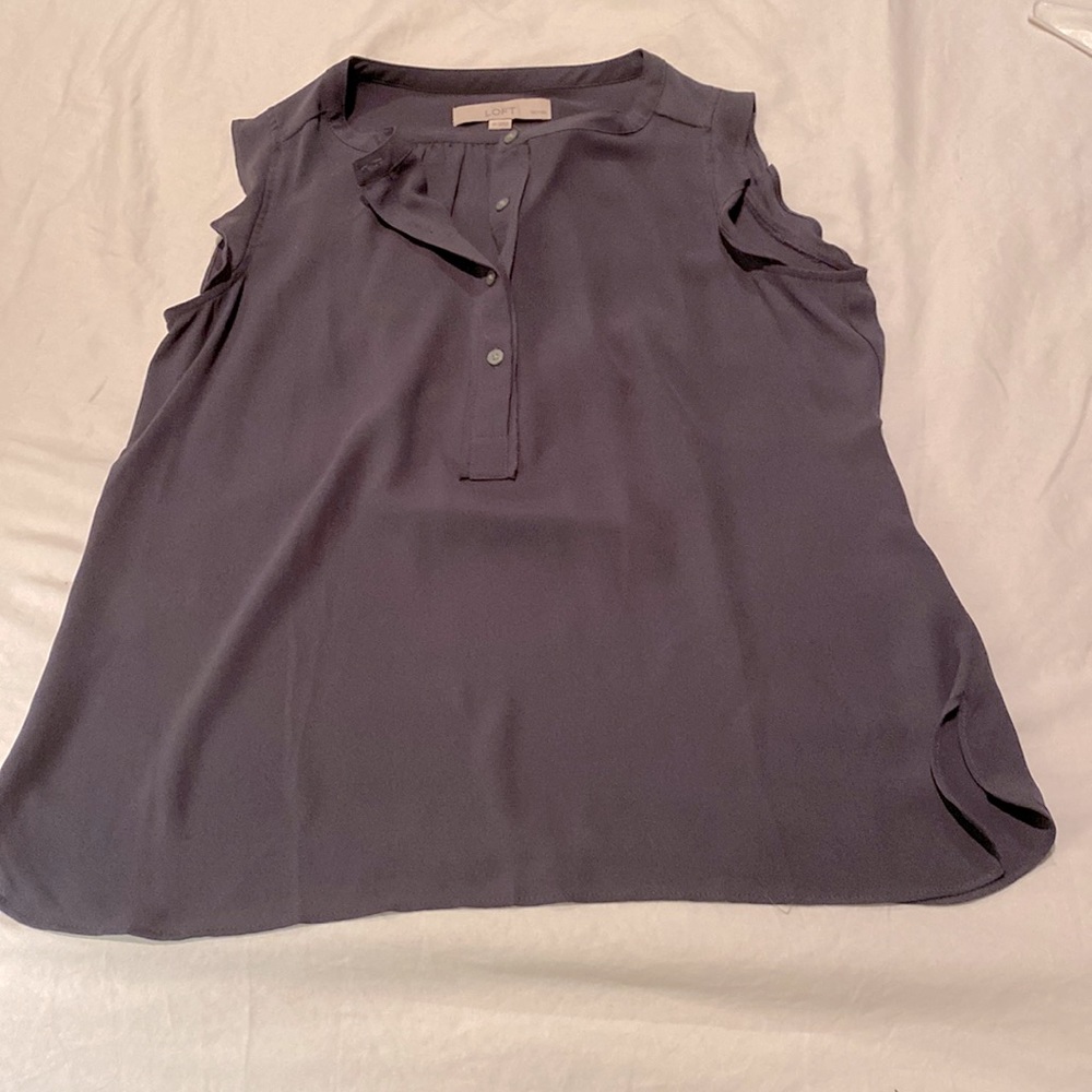 Cute dark grey LOFT ruffle sleeveless top, SP, NWT
